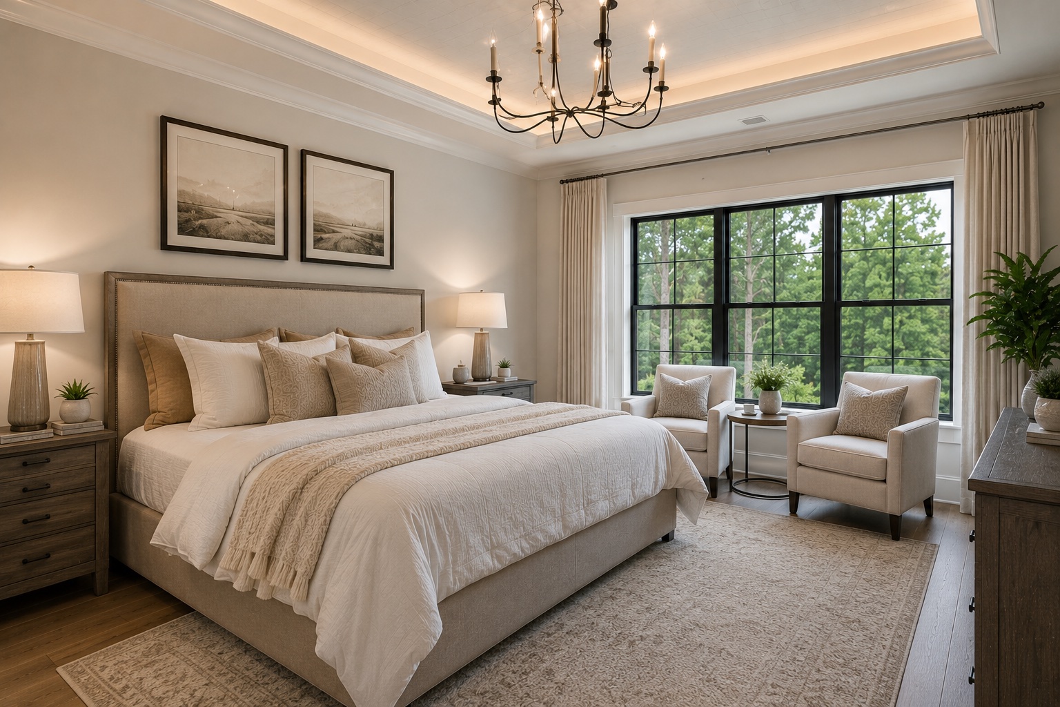 Luxury master bedroom suite with tray ceiling and large windows, Lincolnton NC
