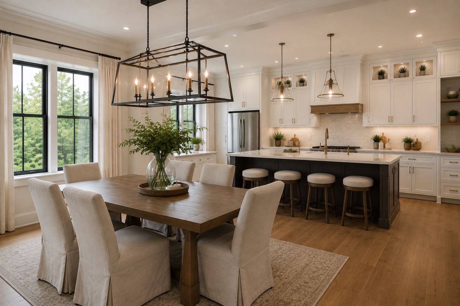 Open concept dining room and kitchen with custom millwork Lake Norman NC