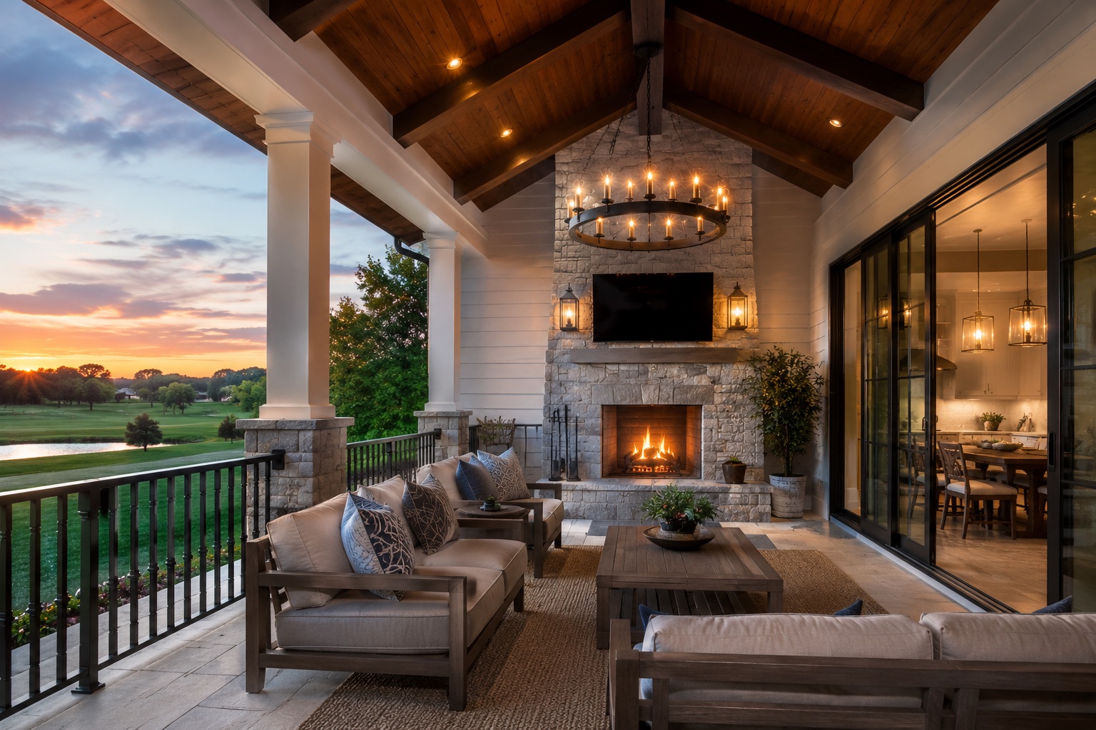 Covered outdoor living space with stone fireplace and sunset views, Lincoln County NC